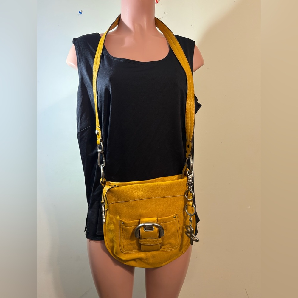 B. Makowski Women’s Yellow Leather Satchel Crossbody Bag large silver hardware
